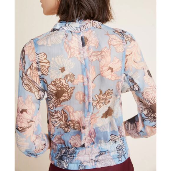 Byron Lars Pastel Blouse Blue Pink Floral Print Tie Neck Sheer Button Front SZ 2 - Picture 3 of 7
